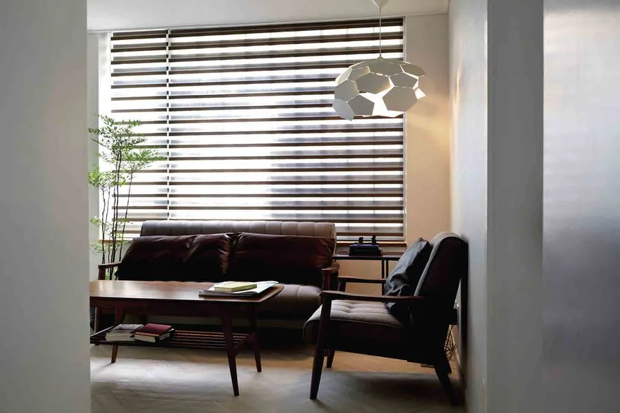 MOWIN zebra day-and-night blinds filtering light in a lounge